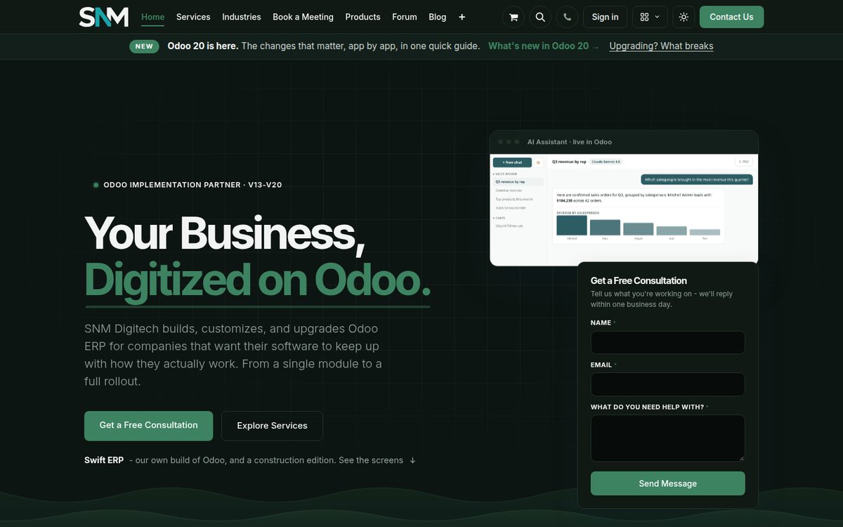 SNM Digitech company website built on Odoo