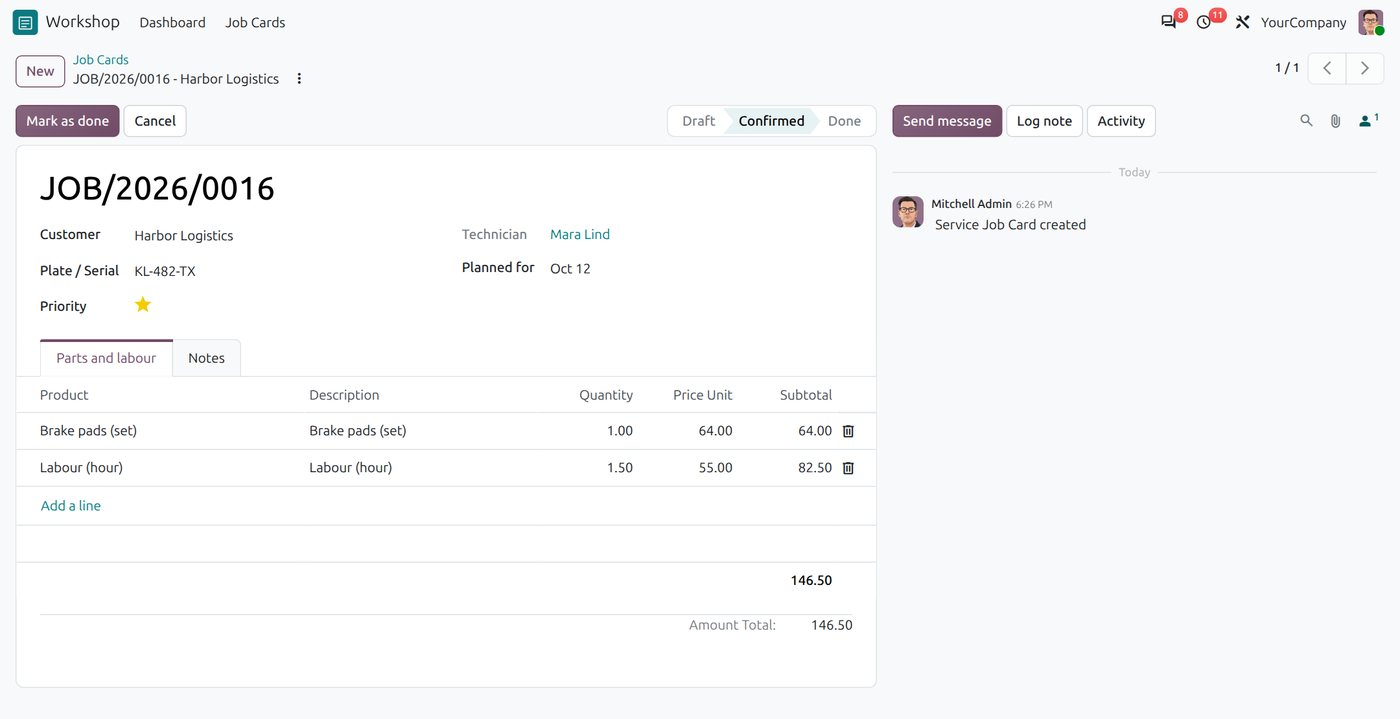The migrated job card form view on Odoo 20