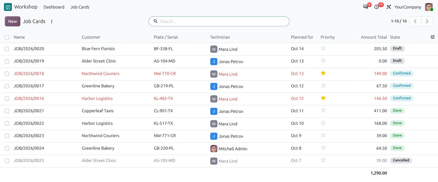 The migrated job card list view running on Odoo 20