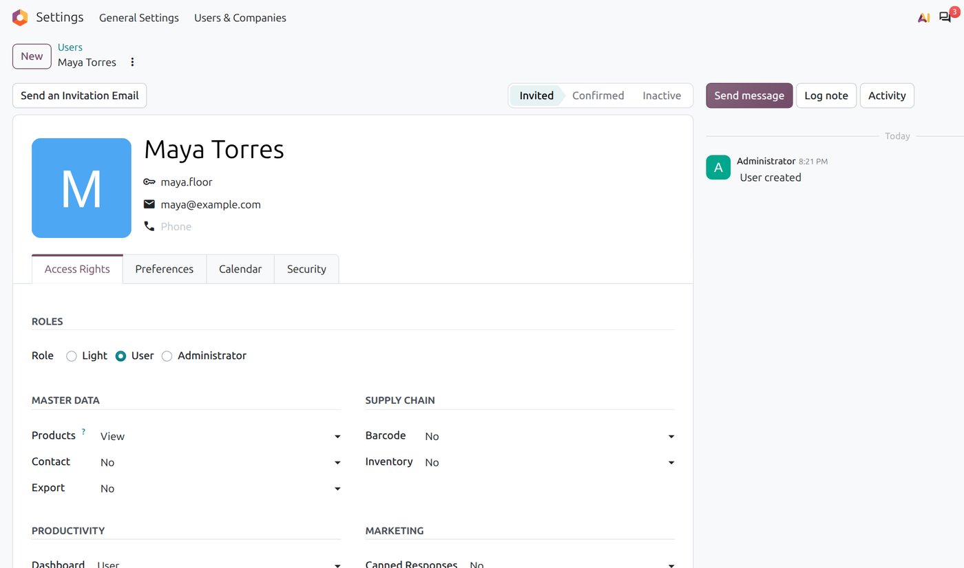 Odoo 20 user form showing the Role field with Light, User and Administrator