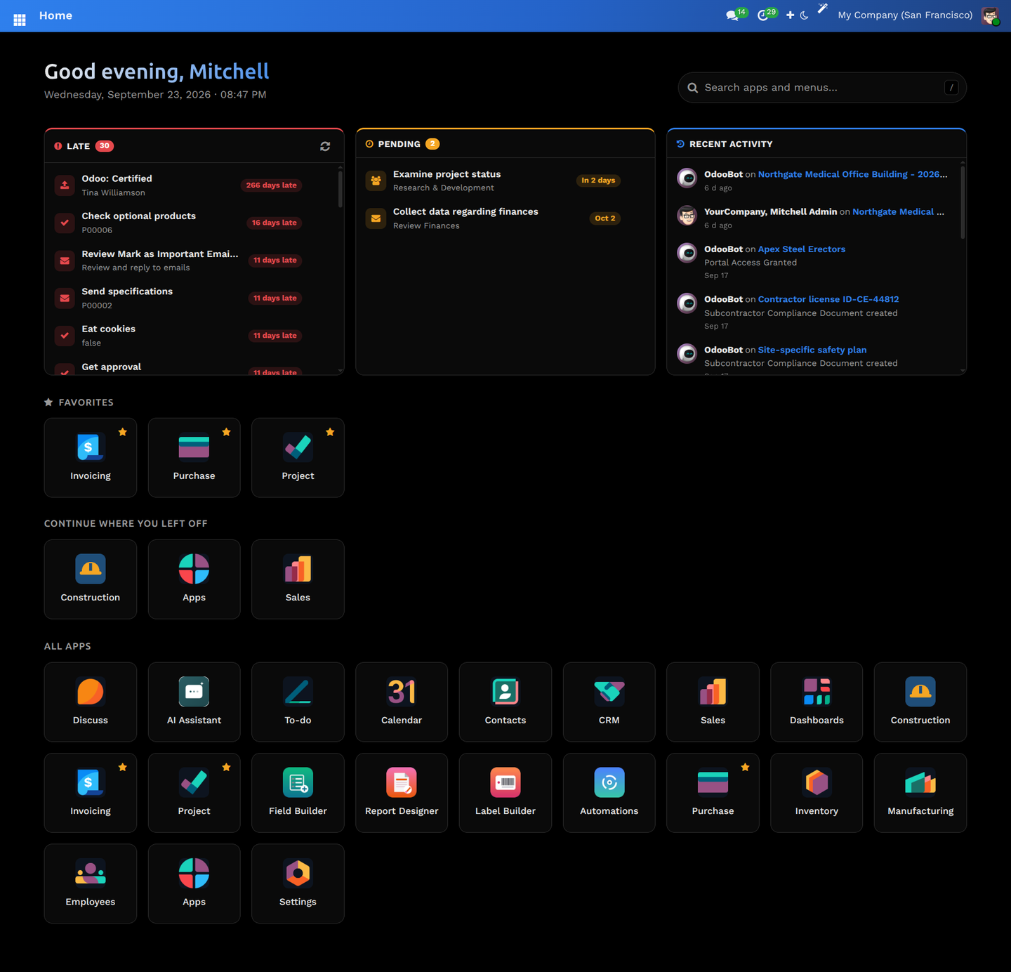 Swift ERP home: panels for late and pending work, a recent-activity feed, favourite apps and the apps last used