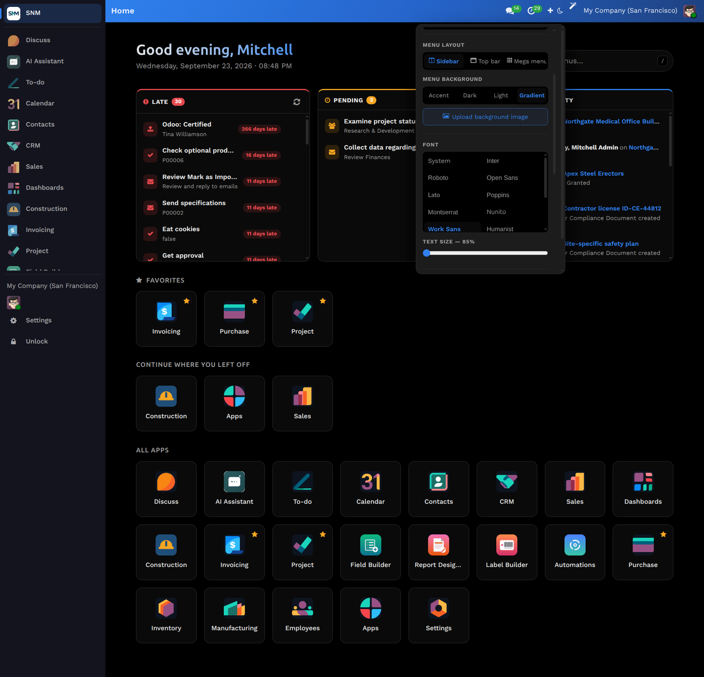 Swift ERP appearance panel: menu layout as sidebar, top bar or mega menu, menu background, font and text size