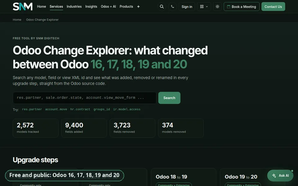 Odoo Change Explorer walkthrough: searching res.partner, the fields removed and added across Odoo 16 to 20, and the breaking changes of the Odoo 19 to 20 upgrade