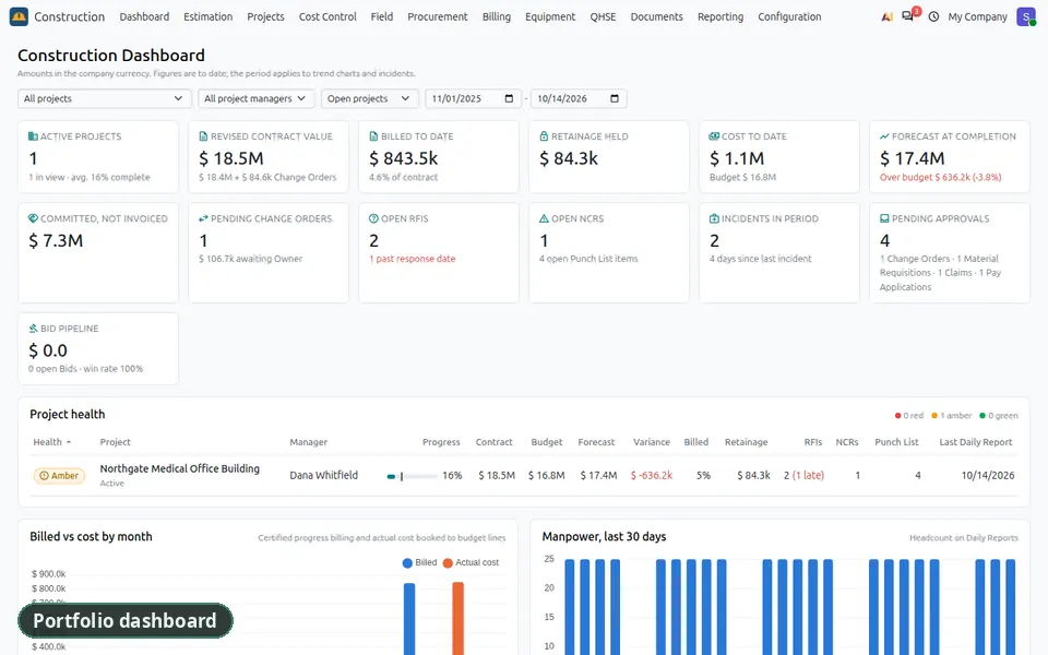 Construction ERP walkthrough with demo data: portfolio dashboard, project dashboard, cost control by cost code, pay application, daily report and client portal