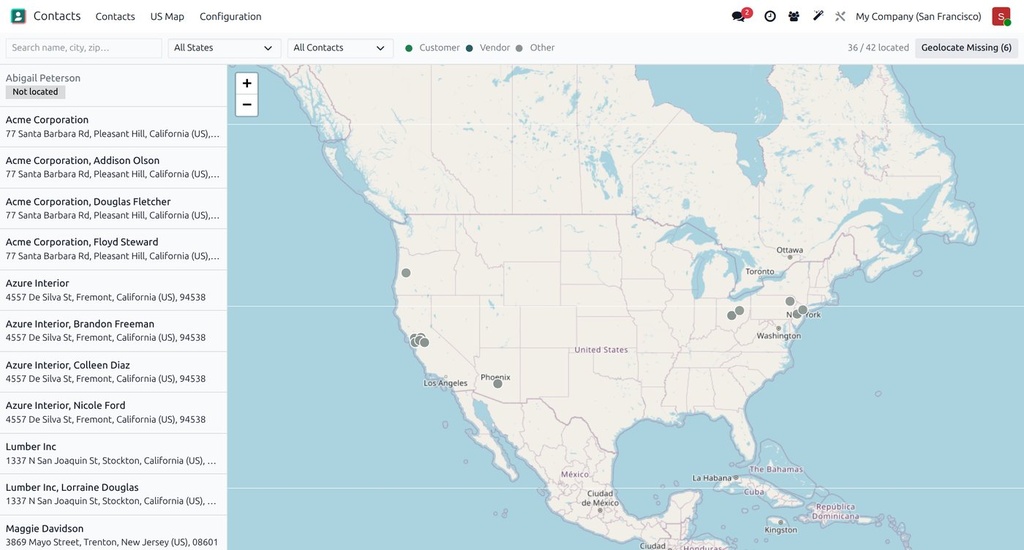 US Contacts Map & Geolocation
