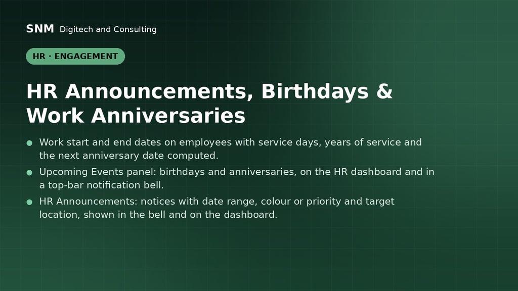 HR Announcements, Birthdays & Work Anniversaries